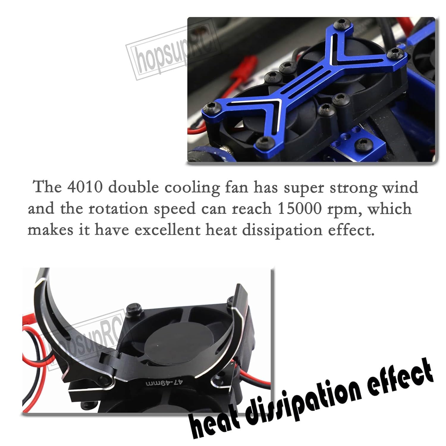 ProtonRC Motor Cooling Fan with 47-49mm Adjustable Mount for 1/8 1/5 4985 1717 Motor,Aluminum 4010 High Speed Cooling Dual Fans 15000 RPM ,Black