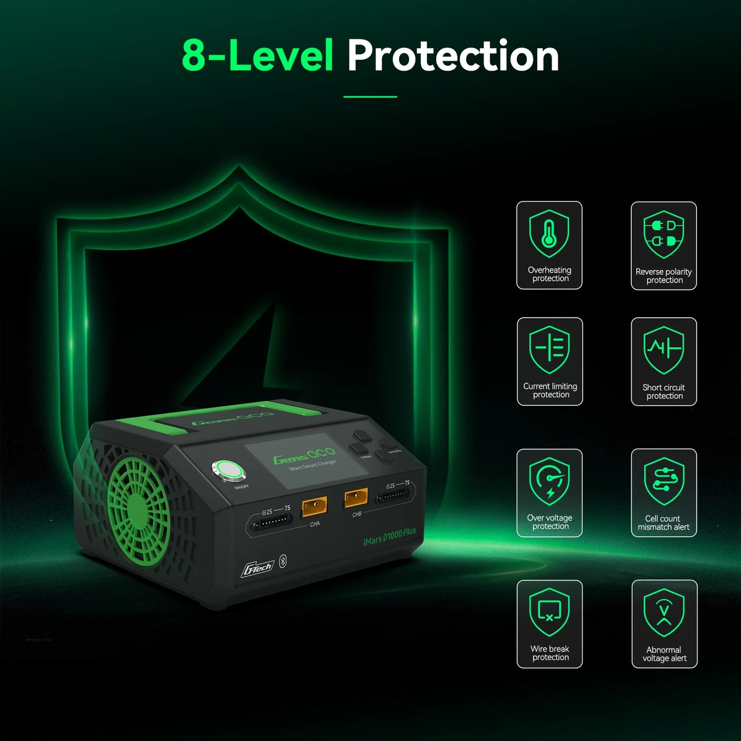 Gens ace iMars D1000 Plus Smart Charger Dual Channel | AC 1000W | G-Tech | Bluetooth App Control