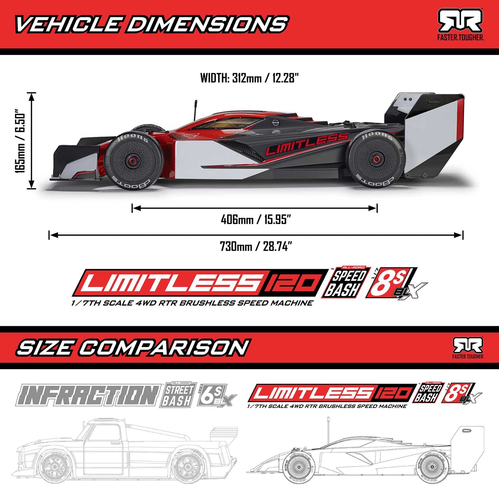 Arrma Limitless 120 8S BLX 4WD RTR Electric Brushless Street Speed (Red/Black) w/DX3 Radio, Smart ESC & AVC