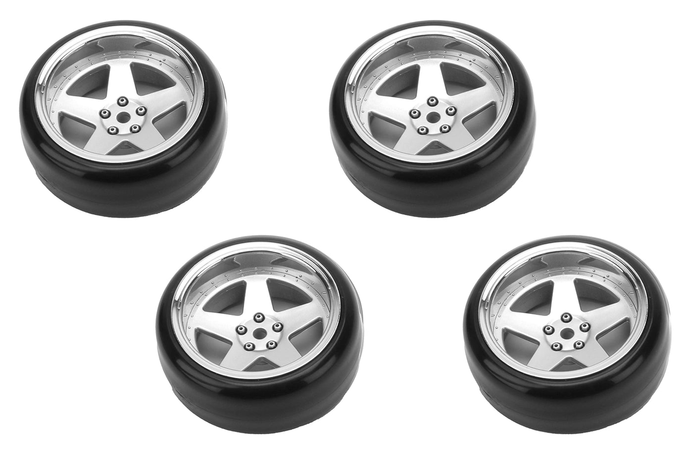 Louise 1/10 Drift 5-Spoke Wheel & Tire Set Matte Silver – 12mm Hex με Ρυθμιζόμενο Offset 2/4/6/8mm