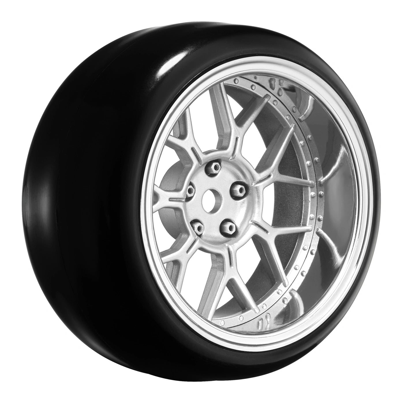 Louise 1/10 Drift 14-Spoke Wheel & Tire Set Matte Silver – 12mm Hex με Ρυθμιζόμενο Offset 2/4/6/8mm
