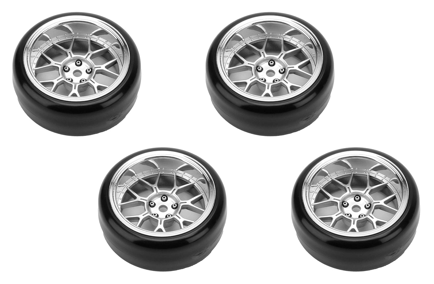 Louise 1/10 Drift 14-Spoke Wheel & Tire Set Matte Silver – 12mm Hex με Ρυθμιζόμενο Offset 2/4/6/8mm