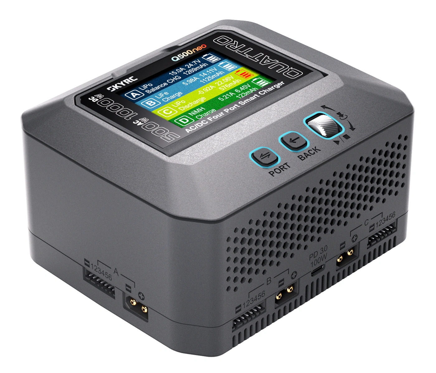 SkyRC Q500neo Quattro Charger 1-6S 1000W AC/DC – 4 Θύρες, PD 100W & Bluetooth App