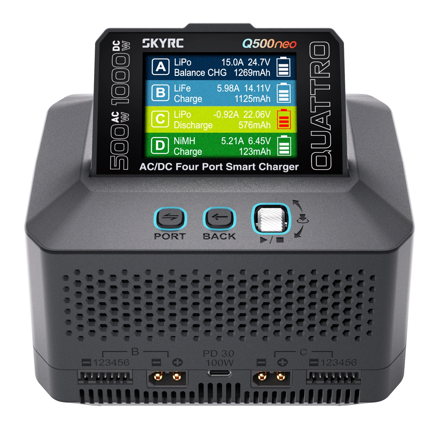 SkyRC Q500neo Quattro Charger 1-6S 1000W AC/DC – 4 Θύρες, PD 100W & Bluetooth App
