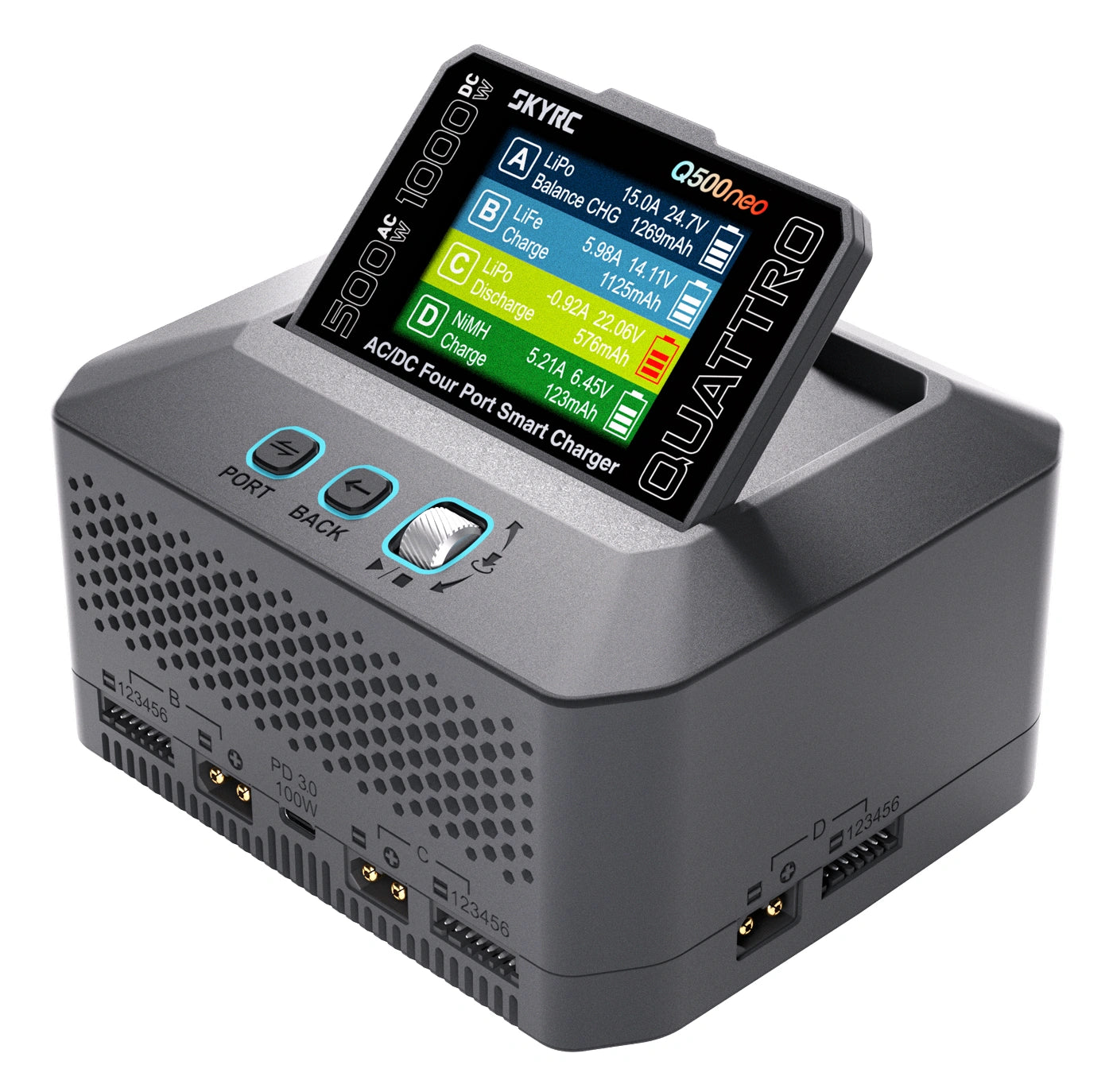 SkyRC Q500neo Quattro Charger 1-6S 1000W AC/DC – 4 Θύρες, PD 100W & Bluetooth App
