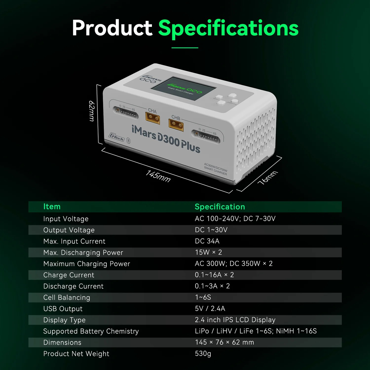 Gens ace iMars D300 Plus Smart Charger Dual Channel | G-Tech | Bluetooth | Racerc