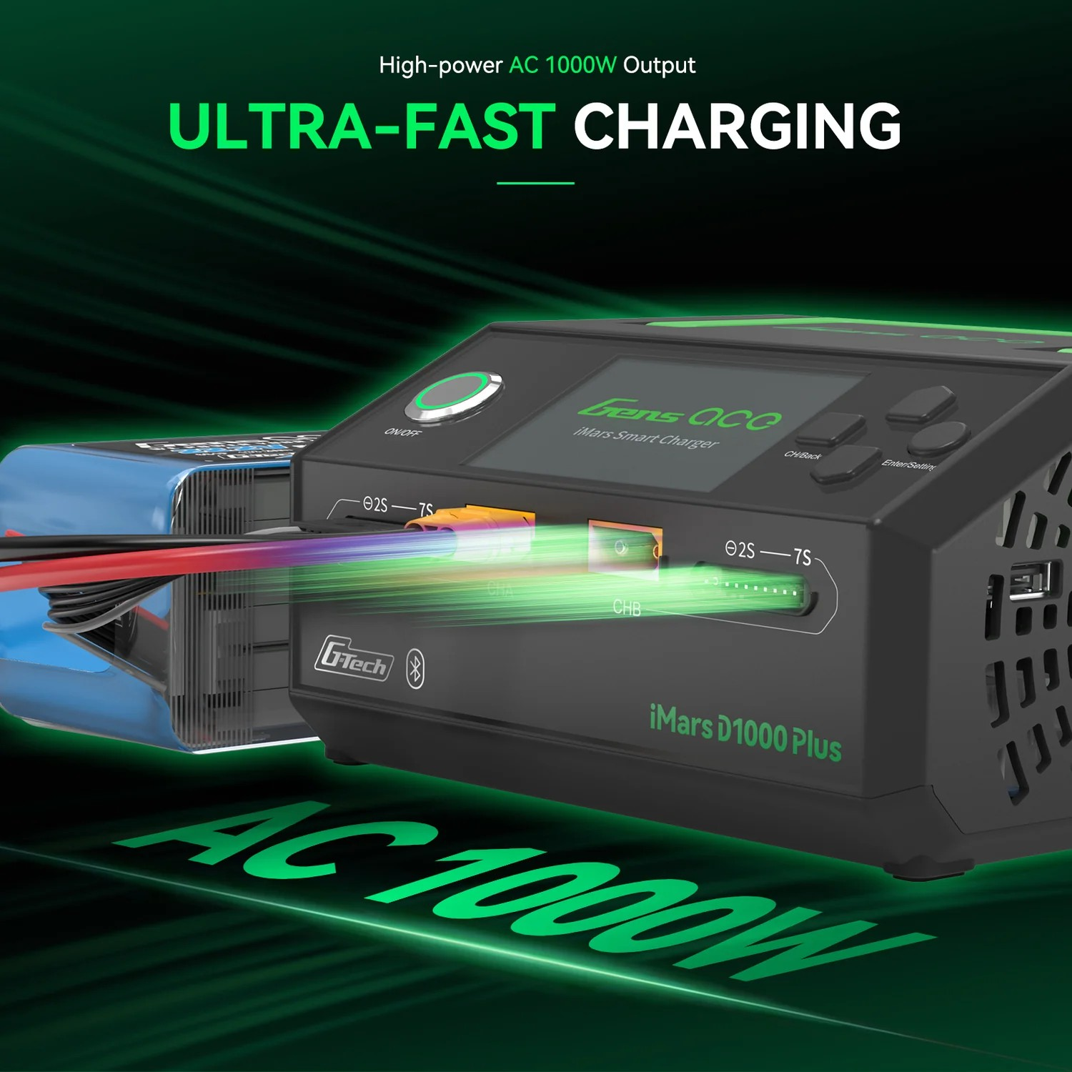 Gens ace iMars D1000 Plus Smart Charger Dual Channel | AC 1000W | G-Tech | Bluetooth App Control