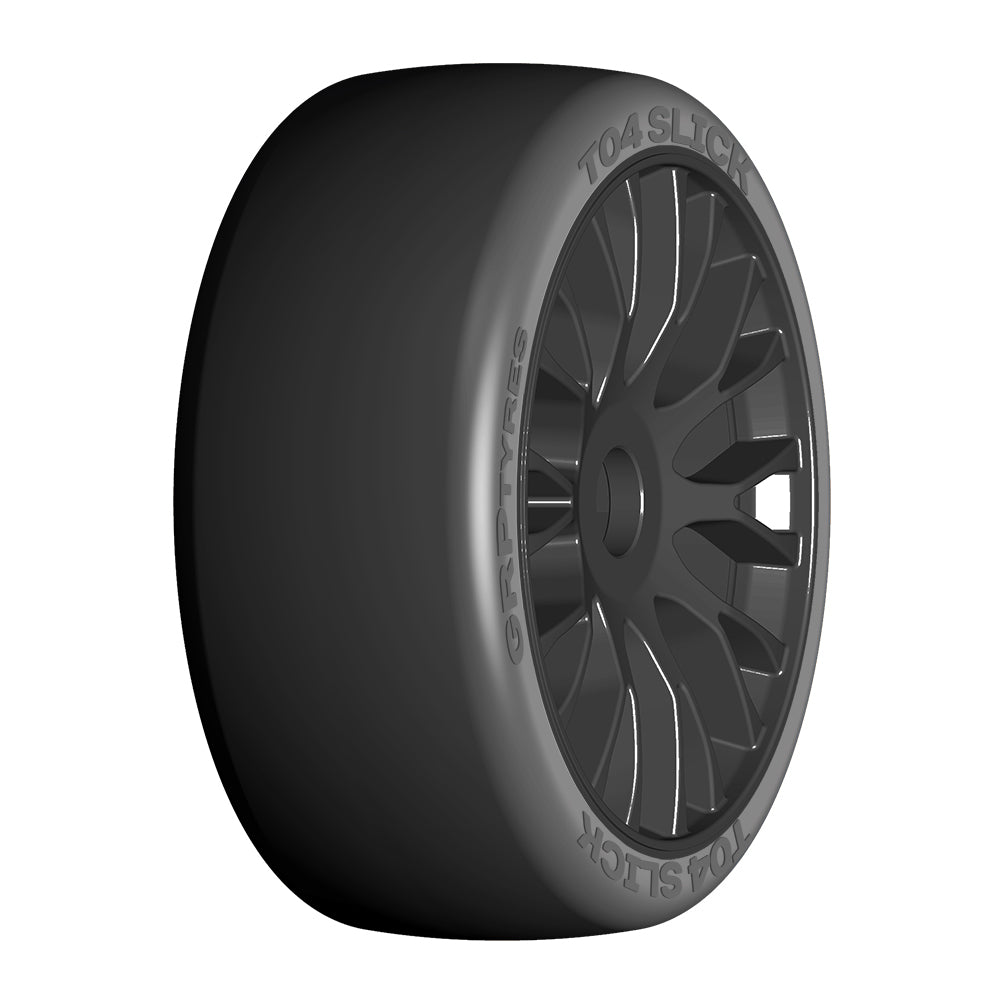 1/8 GT T04 Slick Mounted Tires – Κολλημένα Λάστιχα σε 20 Spoke FLEX Black Wheels με Επιλογή Γόμας XM3 / XM4 / XM5 / XM7