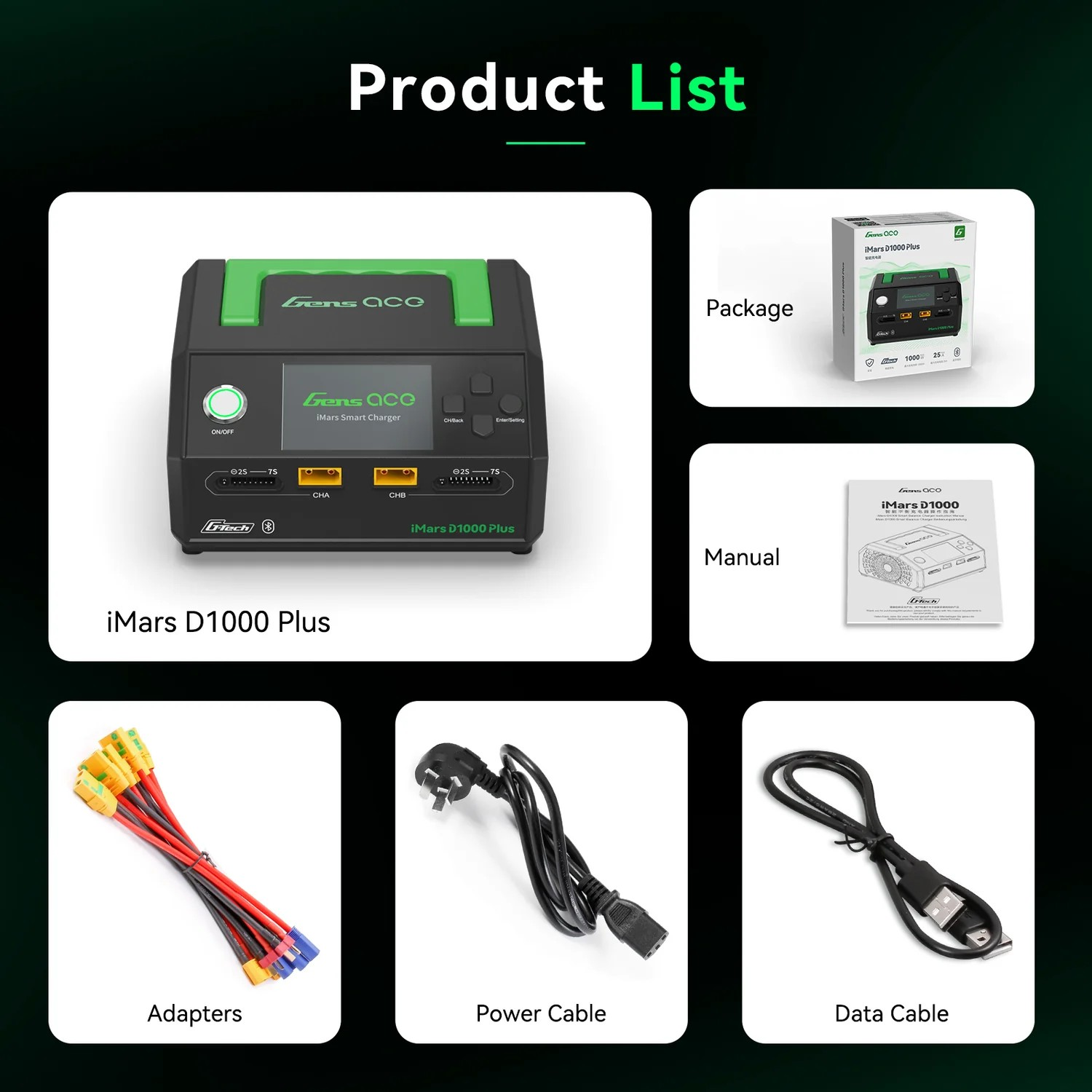 Gens ace iMars D1000 Plus Smart Charger Dual Channel | AC 1000W | G-Tech | Bluetooth App Control