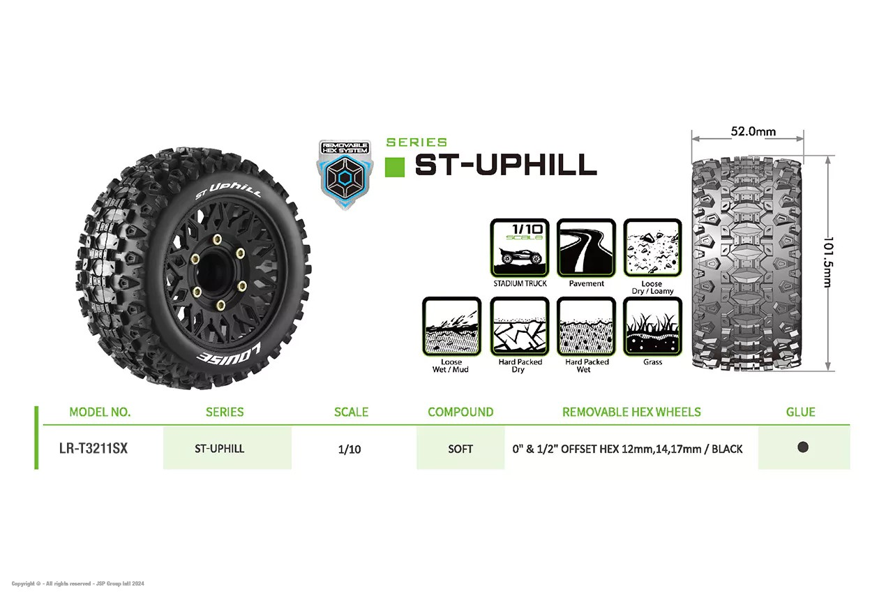 Louise RC - ST-UPHILL - 1-10 Stadium Truck Tire Set - Mounted - Sport - Black Wheels - Removable HEX 12 Narrow, 12 Wide, 14, 17mm - L-T3211SX