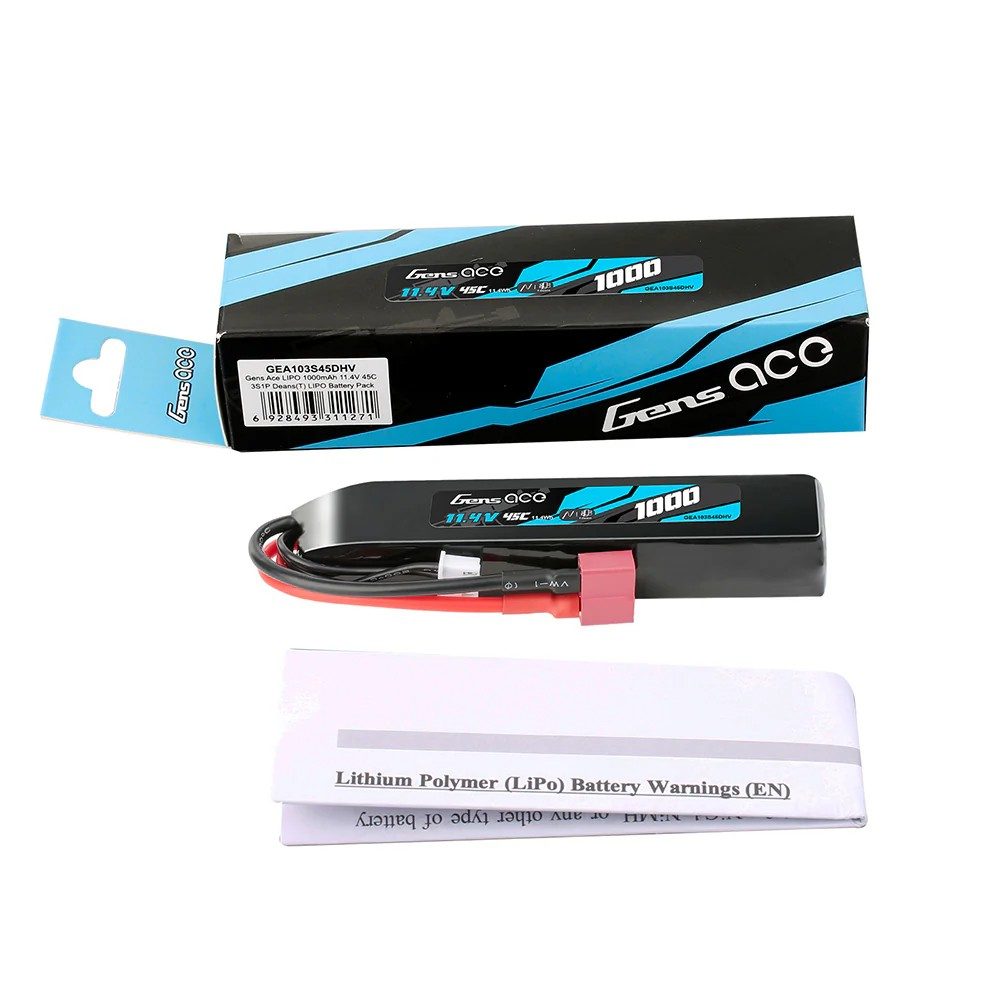 Gens Ace LIPO 1000mAh 11.4V 45C 3S1P Deans(T) High Voltage LIPO Battery Pack