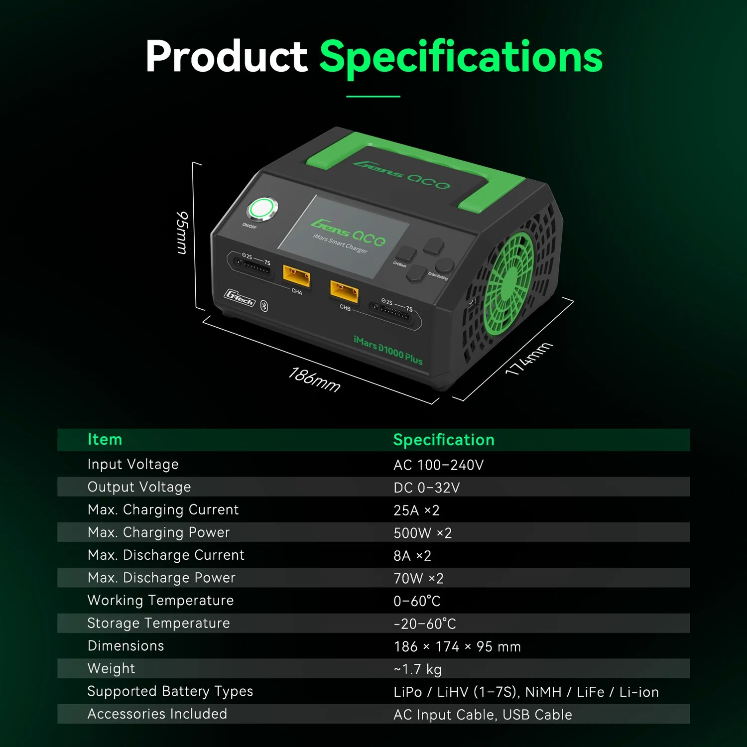 Gens ace iMars D1000 Plus Smart Charger Dual Channel | AC 1000W | G-Tech | Bluetooth App Control
