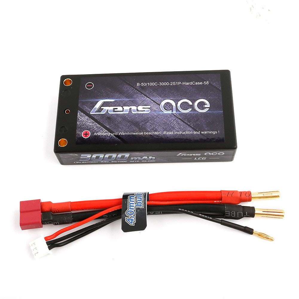 Gens Ace 3000mAh 7.4V 50/100C 2S1P 58# HardCase Lipo Battery Pack with 4.0mm Bullet to T plug+XHR