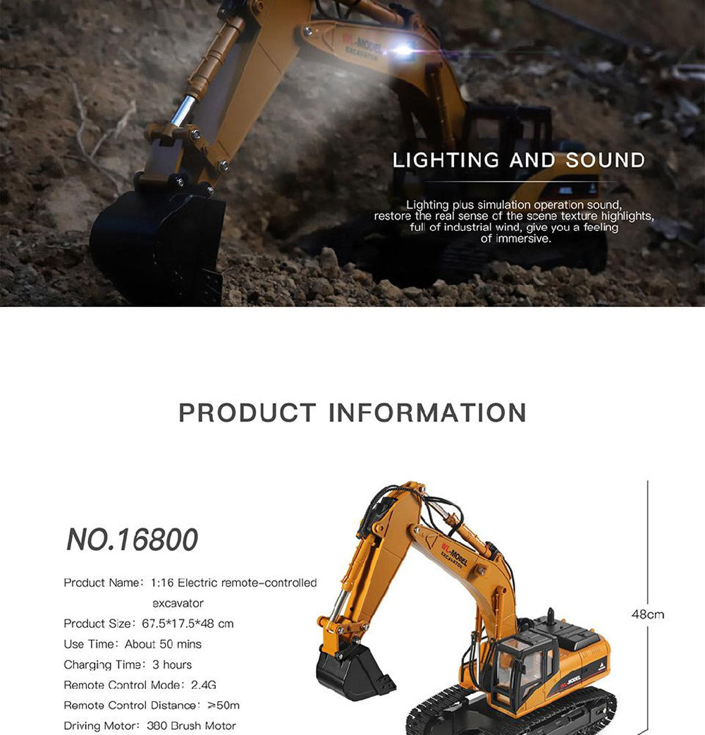 WLTOYS 16800 Alloy 1:16 2.4G RC Excavator Simulation Digger with LED Light Smoke