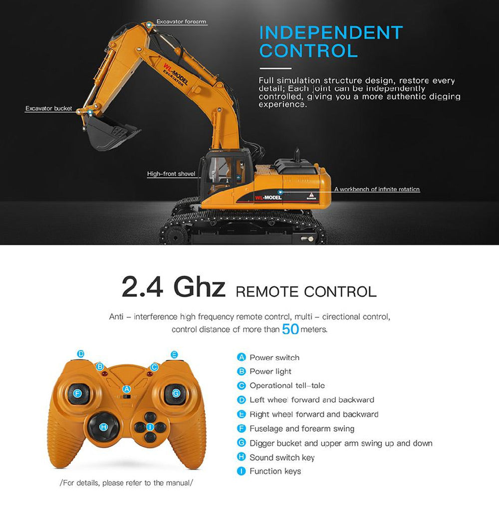 WLTOYS 16800 Alloy 1:16 2.4G RC Excavator Simulation Digger with LED Light Smoke