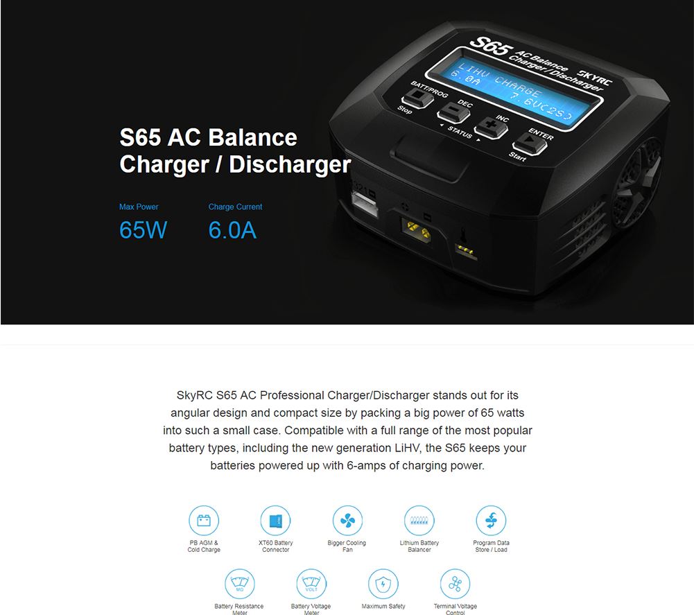 SkyRC S65 AC Multifunctional Balance Charger 65W 6A 2-4S - RACERC